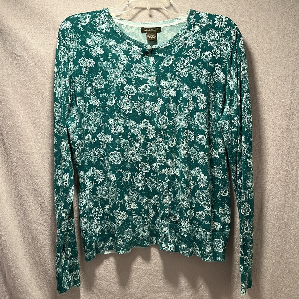 Eddie Bauer Dark Green & White Floral Print Button Front Cardigan in XL (16/18)